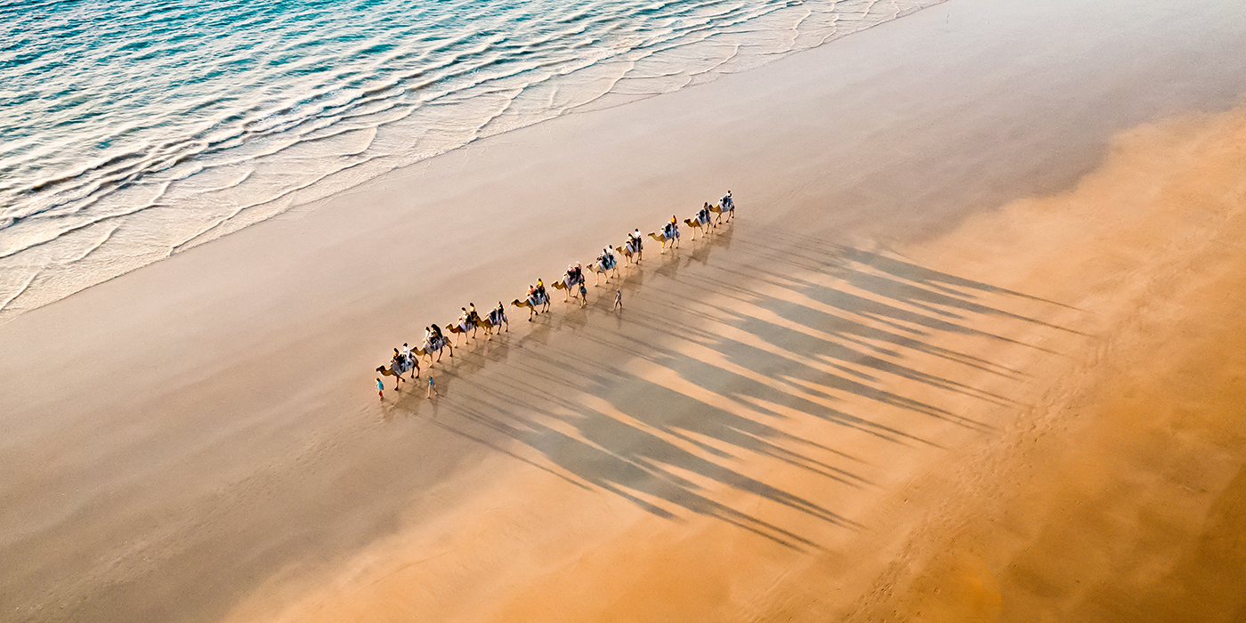 Camel ride at sunset on cable beach Broome in Western Australia