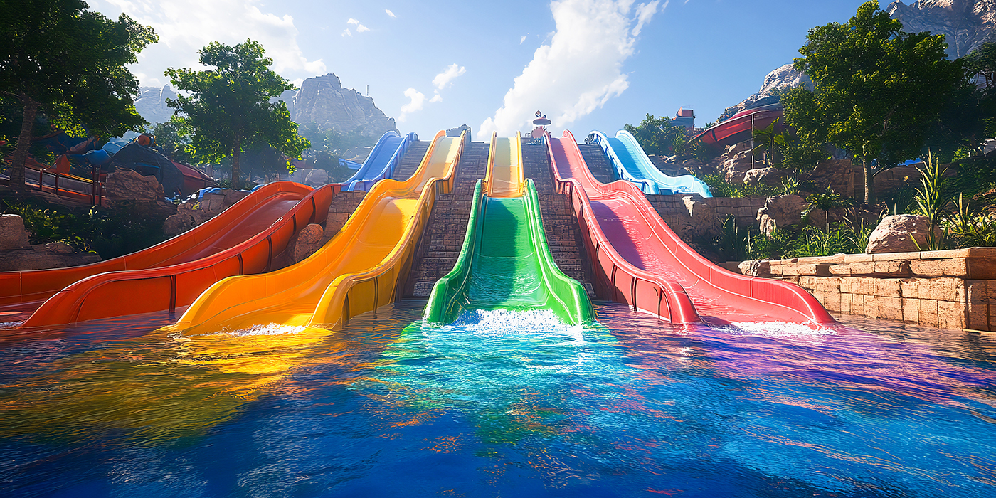 A set of colorful water slides in an outdoor aquapark
