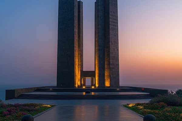 Stunning Full Frame Photography of Historic Dakar Monument at Su Capture the serene beauty of the Dakar Monument during sunset, showcasing magnificent architecture against a vibrant flower backdrop and ocean view.