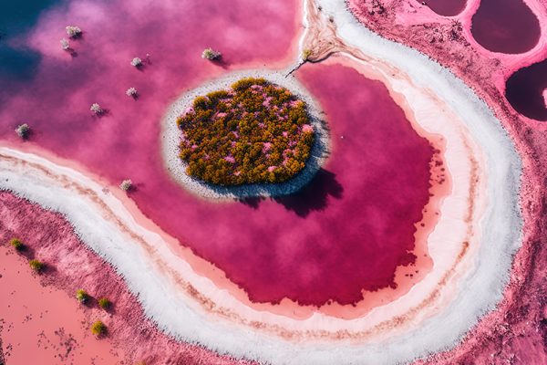 aerial picture of Senegal's Lac Rose or Pink Lake Retba Drone taken aerial photo. African Natural Scenery. Generative AI aerial picture of Senegal's Lac Rose or Pink Lake Retba Drone taken aerial photo. African Natural Scenery. Generative AI