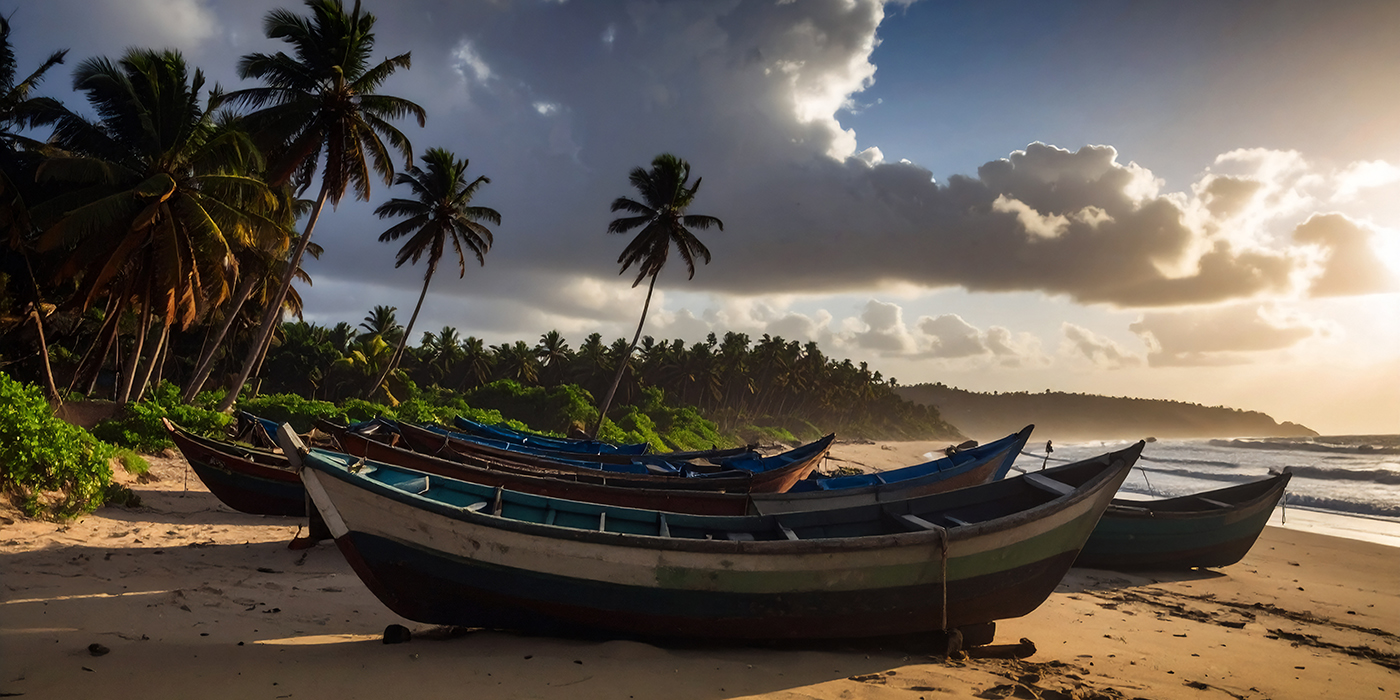 Sénégal, Petite-Côte, bateau de pêche, plage et palmier, en