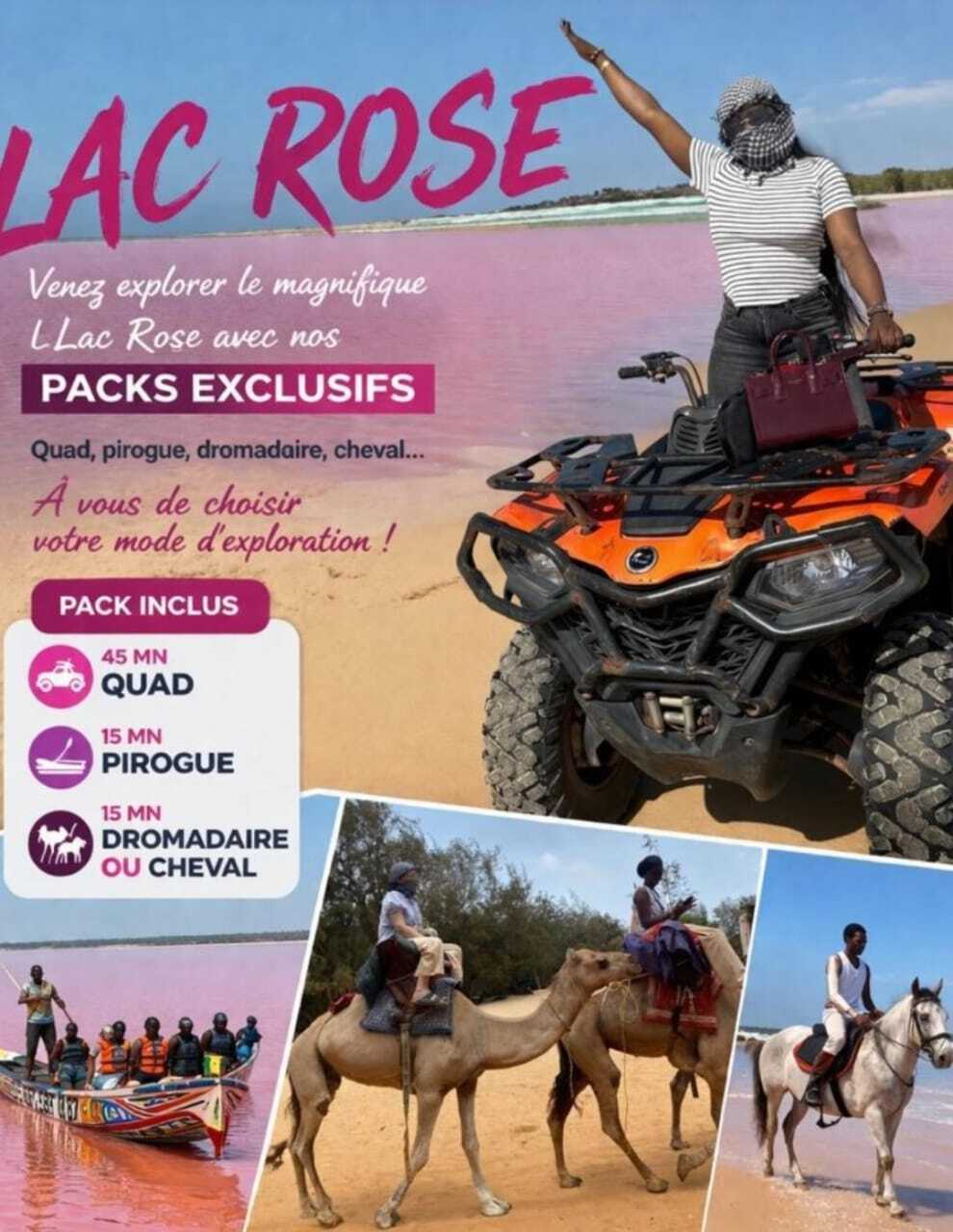 Aventures au Lac Rose - pack (quad, pirogue, chameau, cheval)